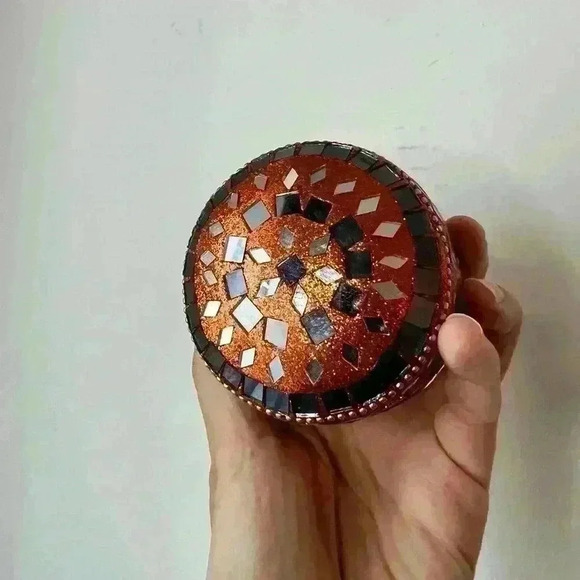 Bejeweled Orange Diamond  Jewelry Trinket Tin Bohemian Home Decor Organizer - Picture 2 of 8